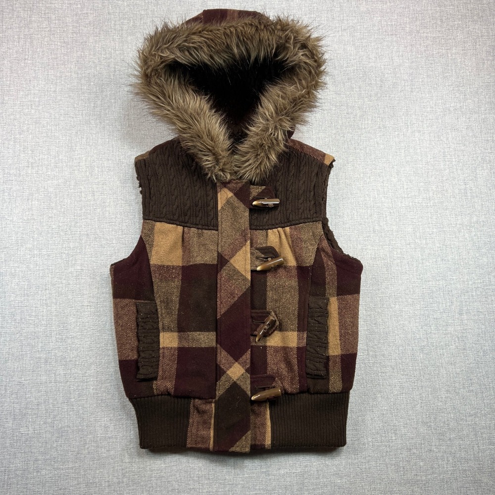BKE Brown Plaid Faux Fur Hooded Toggle Vest Womens M Cozy Winter Y2K Boho